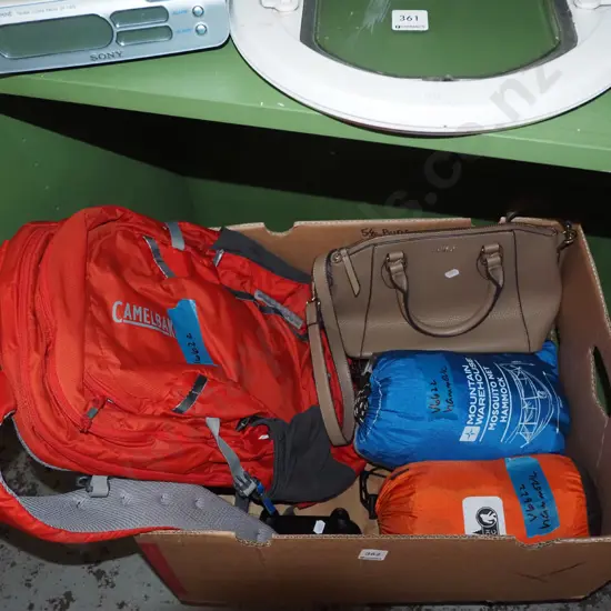 box; backpack, hammocks, hand bag, clutch purse