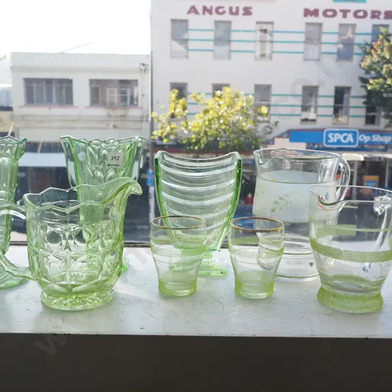 green glass vases, jugs, tumblers Tallest H200