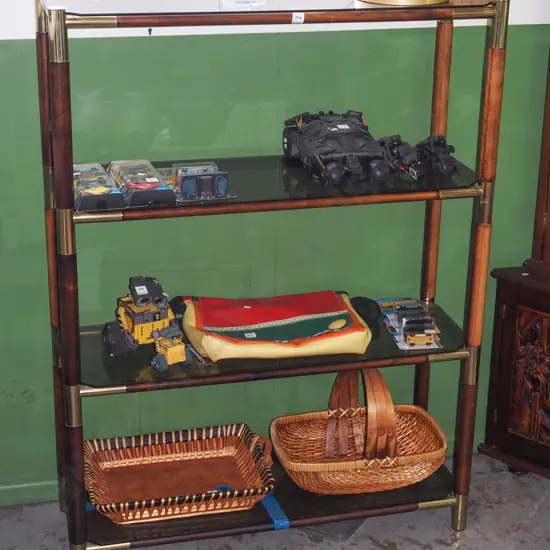 brass wood and smoked glass shelves H1350 W1000 D350