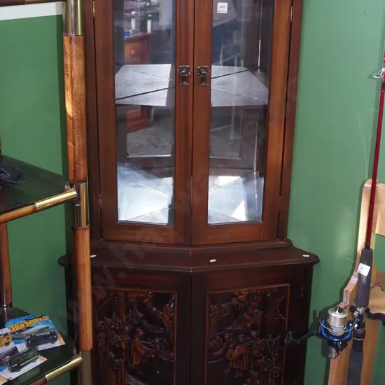corner cabinet with 2 heavily carved doors depicting Asian scenes, 2x glazed display doors H1390 W500 D500