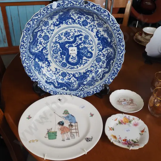 blue and white Asian dragon bowl, 2 small dishes etc