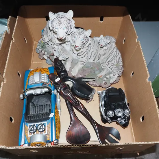 box; salad servers, composite tiger figurines etc