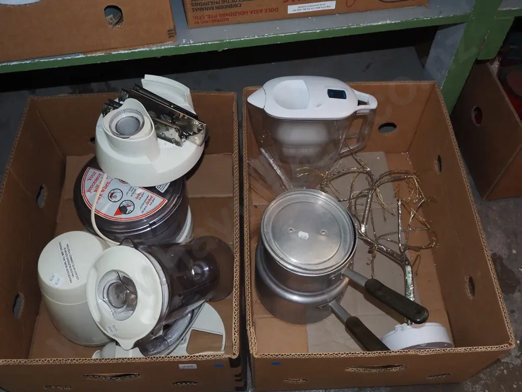 2x boxes; kitchen whiz, blender, double boiler etc - blue dots Image 1++