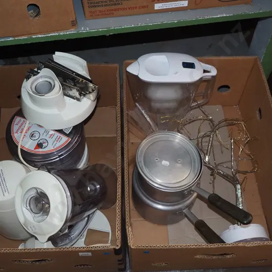 2x boxes; kitchen whiz, blender, double boiler etc - blue dots