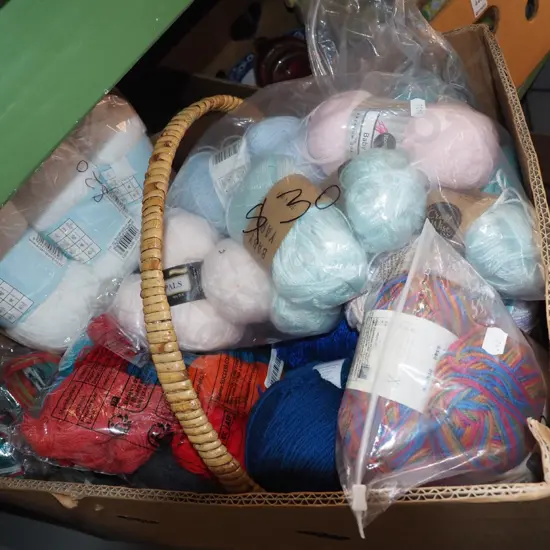 box; knitting yarn, cane basket