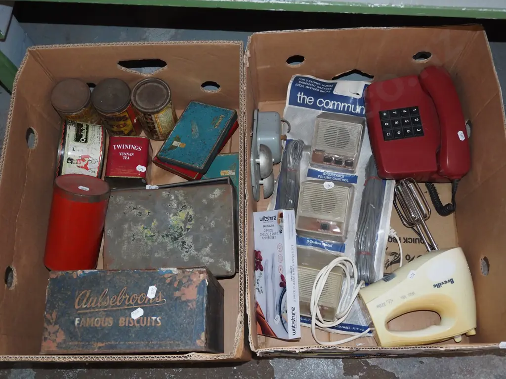 2x boxes: vintage tins, push button phones, hand-held beater etc - orange dots Image 1++