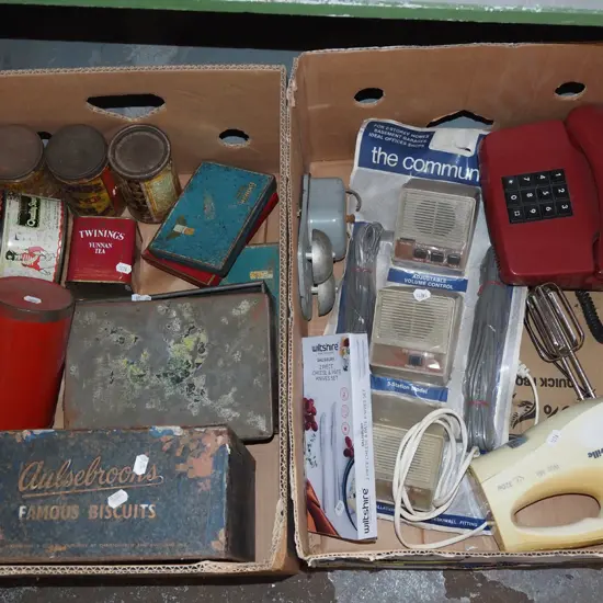 2x boxes: vintage tins, push button phones, hand-held beater etc - orange dots