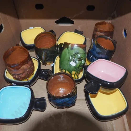 box; pottery coffee mugs, soup bowls