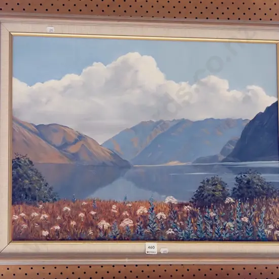 framed oil - lake and mountain scene