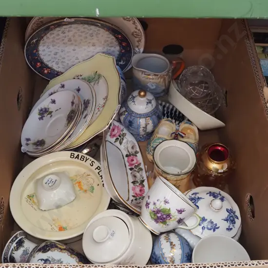 box; cups, babies plate, clogs etc