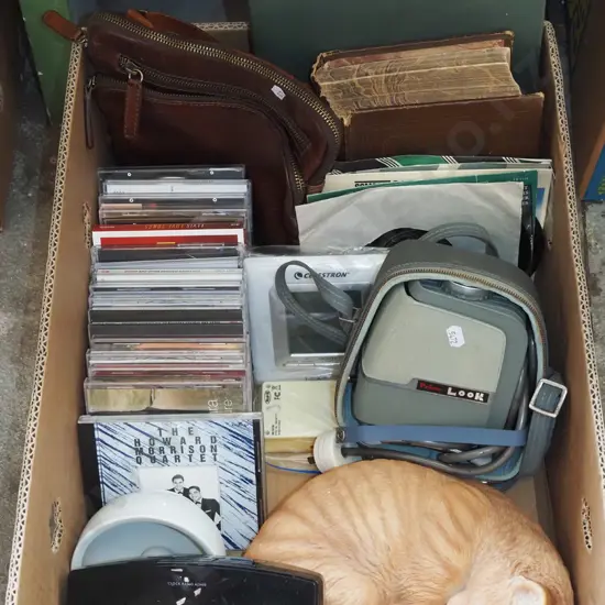 box; books, CDs, cat figurine etc