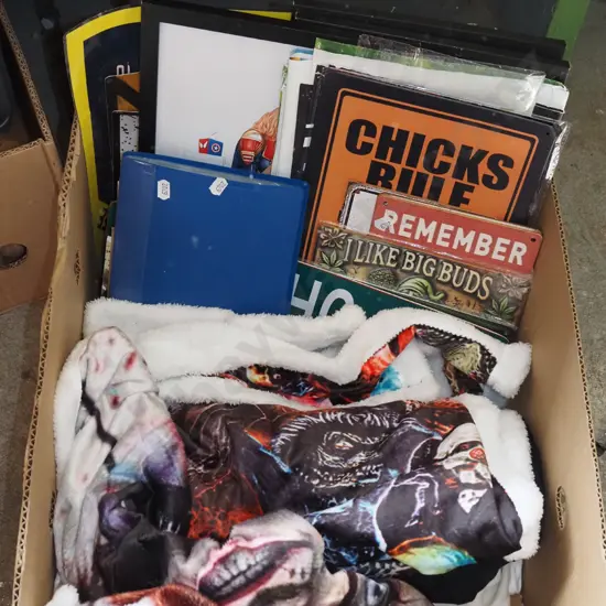 box; T shirts, blankets, prints on tin etc