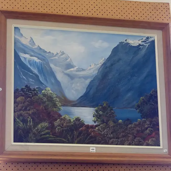 framed oil - lake and mounrtian
