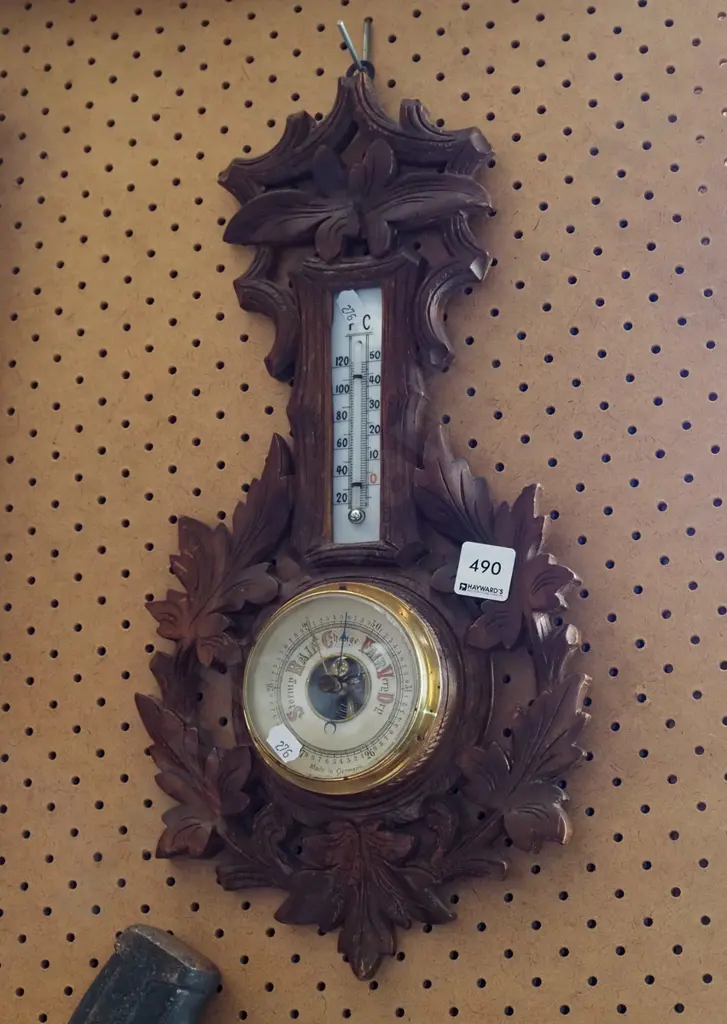 carved oak wall mounted barometer/thermometer Image 1++