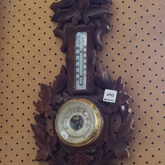 carved oak wall mounted barometer/thermometer