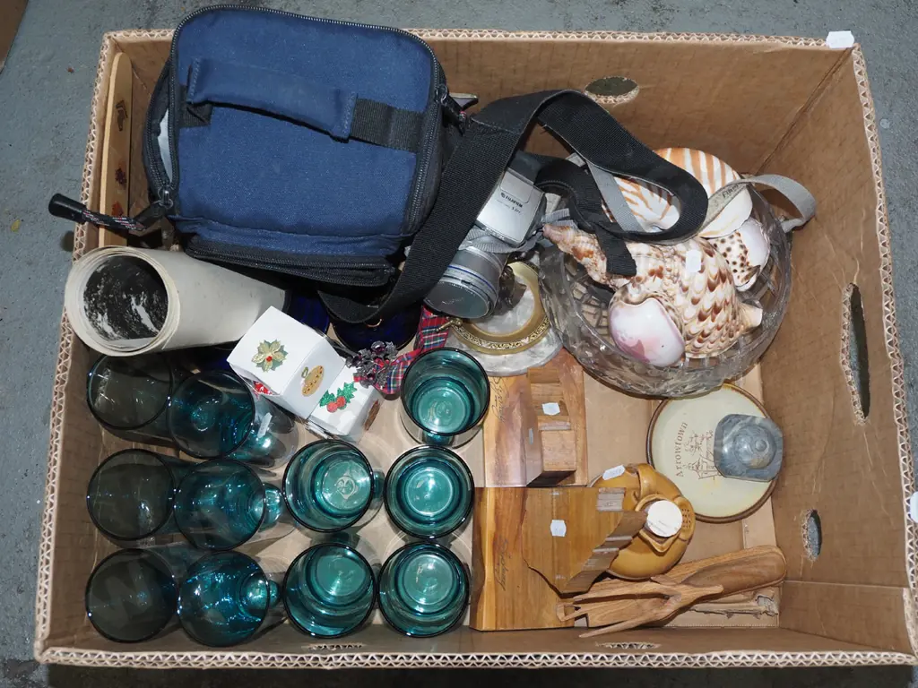 box; blue glass tumblers, digital camera and bag, seashells etc Image 1++
