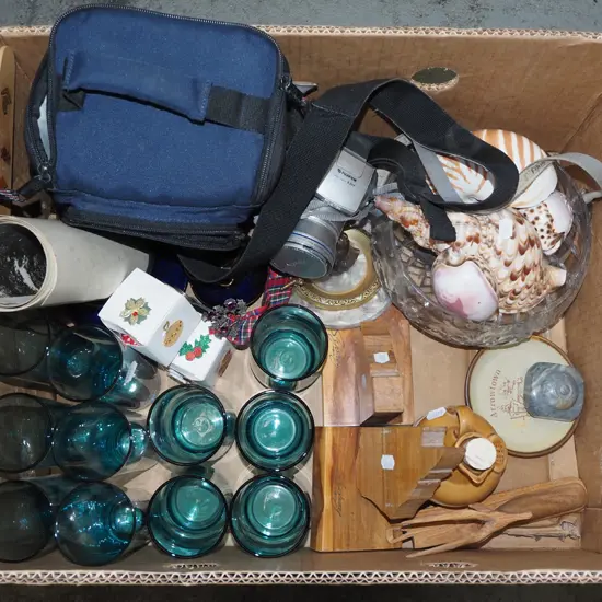box; blue glass tumblers, digital camera and bag, seashells etc