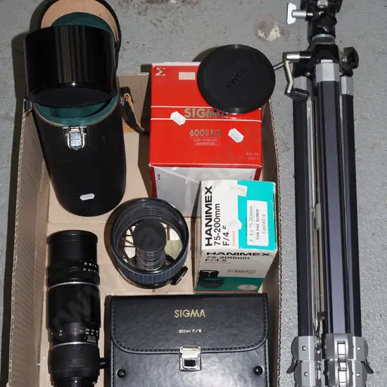 camera tripod, large Sigma lens, 2x other additional lenses