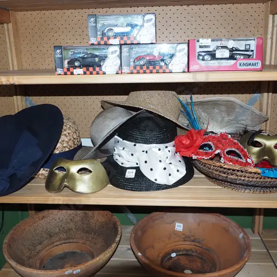 ladies hats, masquerade masks etc