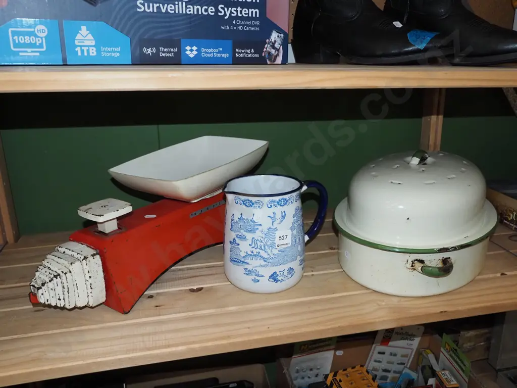 vintage scaels, enamel baking dish, water jug Image 1++