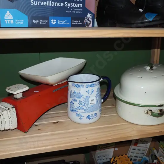 vintage scaels, enamel baking dish, water jug