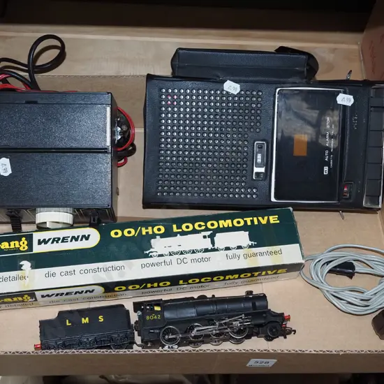 Hornby 900 power controller, portable cassette player, HO locomotive and tender