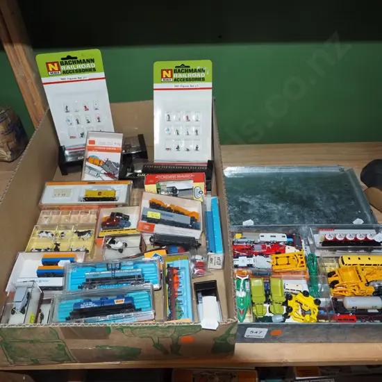 box and tin of N gauge rolling stock and accessories - orange dots