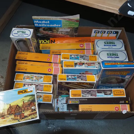 box of N gauge railway layout accessories