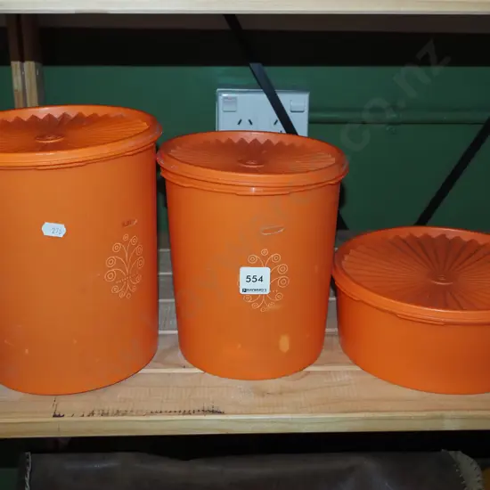 3x orange retro Tupperware lidded canisters