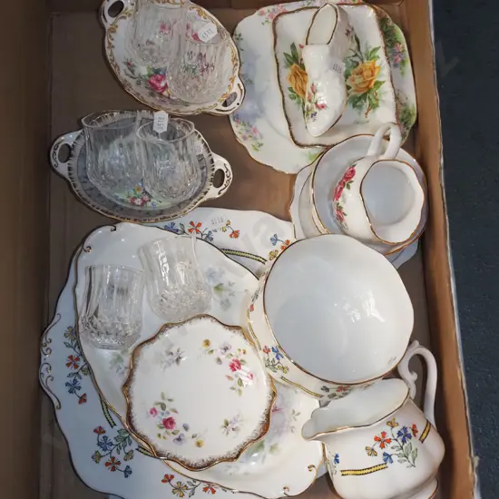 box; Royal albert Creamer, sugar, cake plate, dishes etc