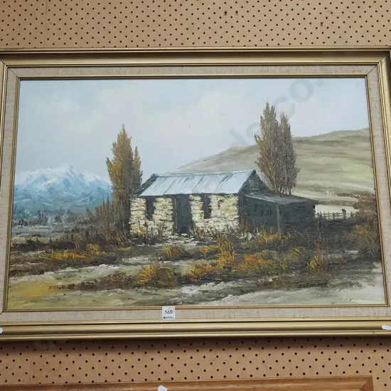 framed oil - stone cottage