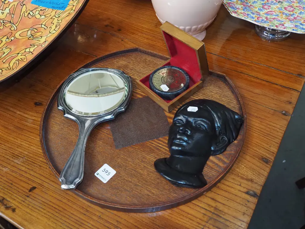 oak tray, 40 year calendar, hand held plated dressing table mirror etc Image 1++