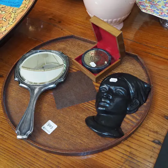 oak tray, 40 year calendar, hand held plated dressing table mirror etc