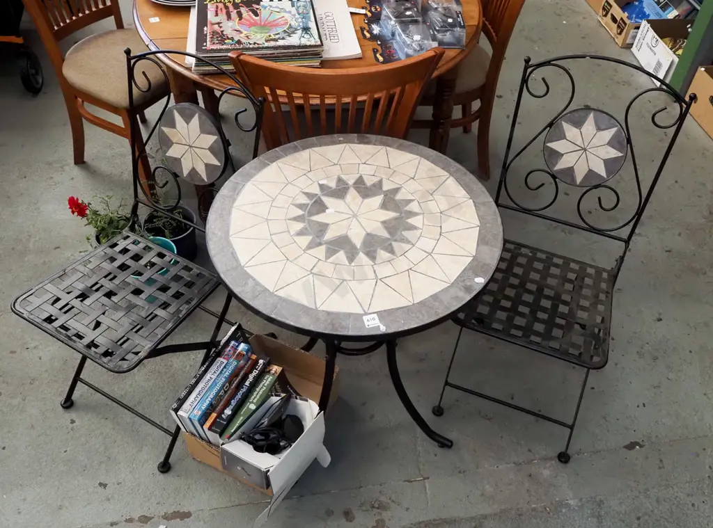 tile mosaic top  patio table and 2 chairs Image 1++