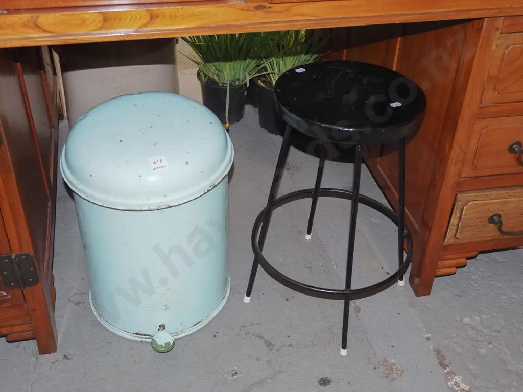 vintage flip top rubbish bin, small black wooden stool Image 1++