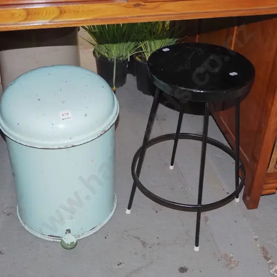 vintage flip top rubbish bin, small black wooden stool