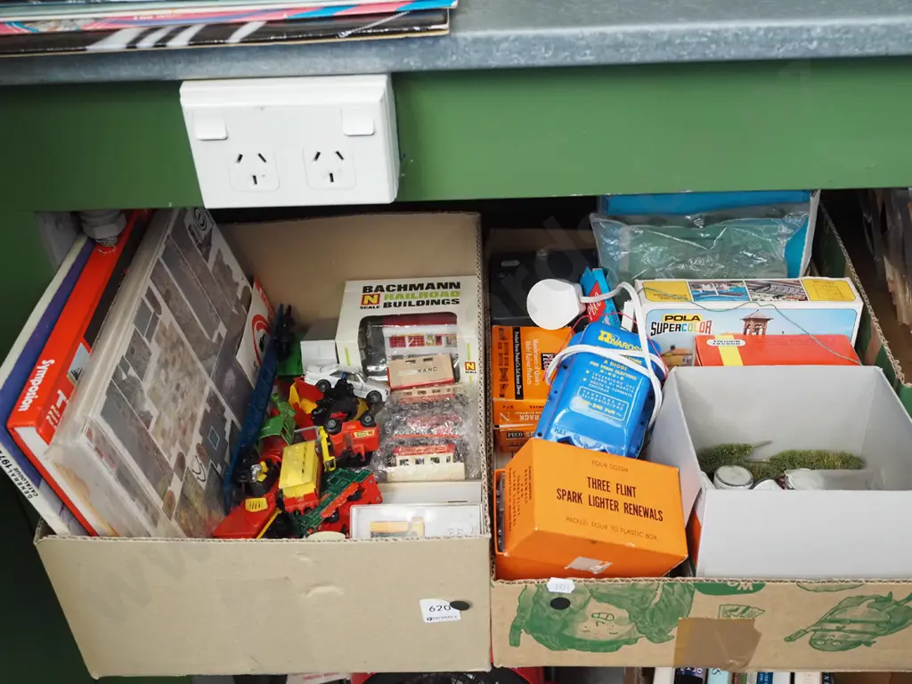 2x boxes of railway layout items; buildings, trees, paints etc Image 1++