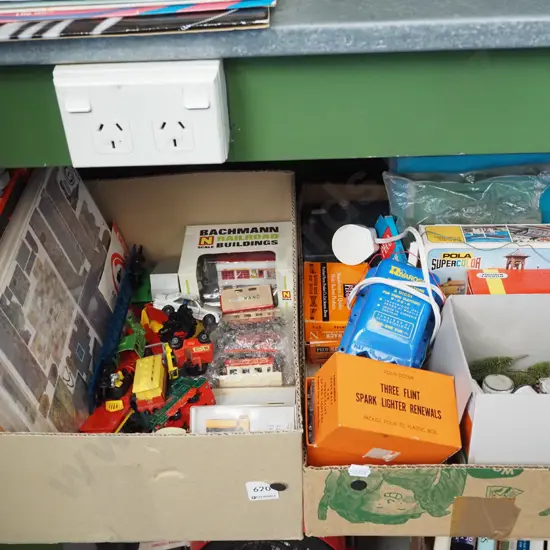 2x boxes of railway layout items; buildings, trees, paints etc