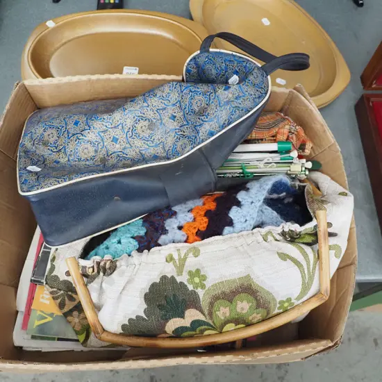 box; knitting bag, crochet blankets, patterns etc