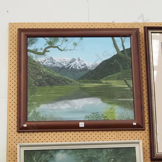 framed oil - lake and mountain scene