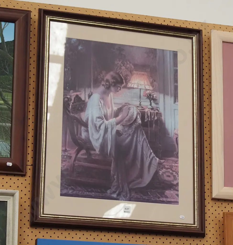 framed print - woman and needlework by lamp Image 1++