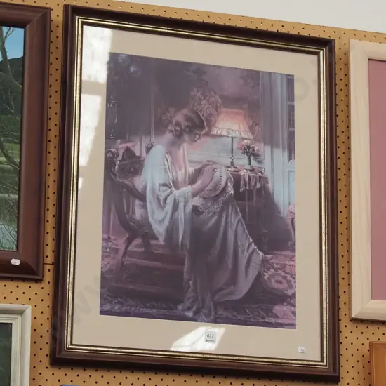framed print - woman and needlework by lamp