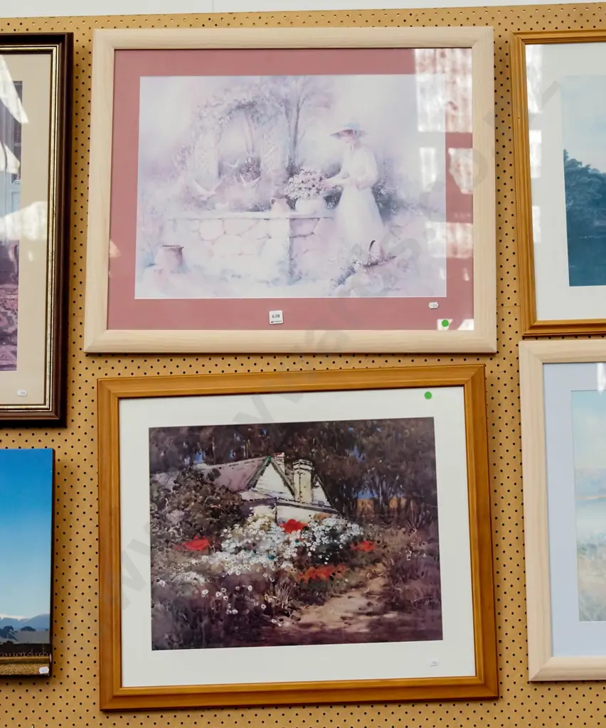 2x framed prints - faded garden print, cottage print - green dots Image 1++