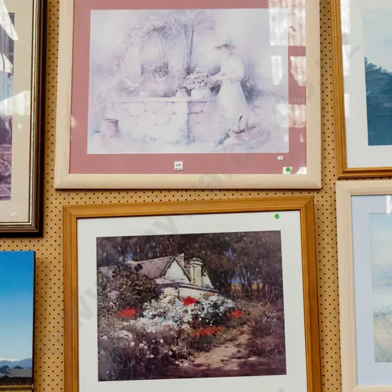 2x framed prints - faded garden print, cottage print - green dots