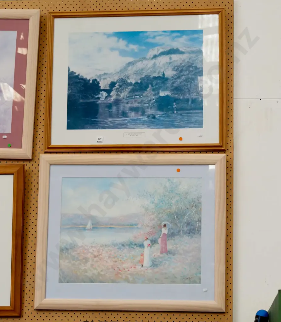 2x framed prints - Welsh river scene, ladies by lake - both faded - orange dots Image 1++