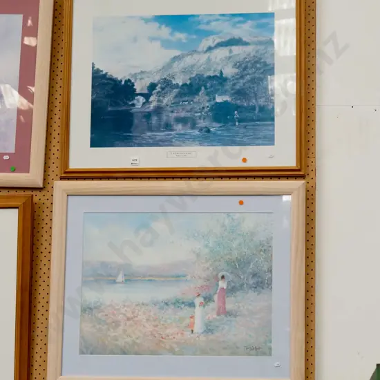 2x framed prints - Welsh river scene, ladies by lake - both faded - orange dots