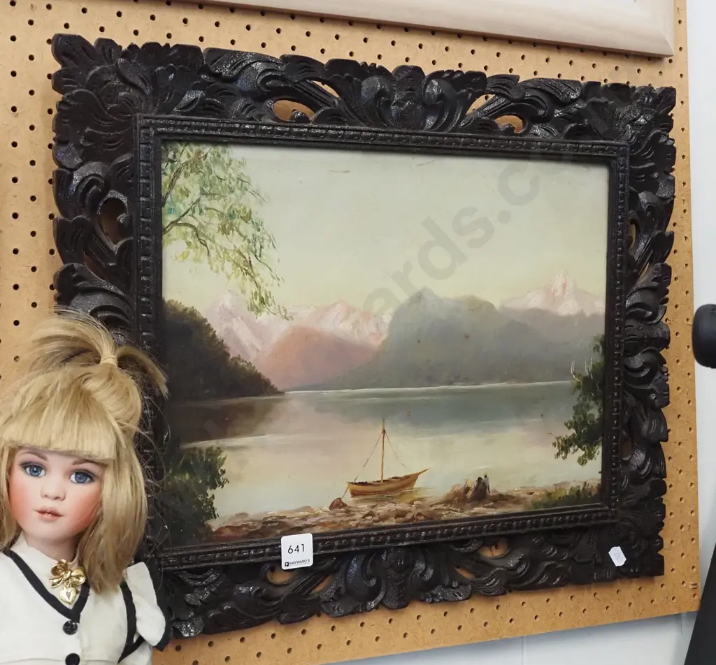 heavily carved framed colonial oil on board - lake and mountain scene Image 1++
