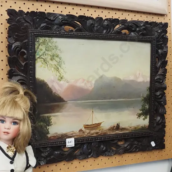 heavily carved framed colonial oil on board - lake and mountain scene