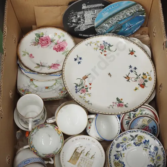 box; cake plates, cups, saucers etc