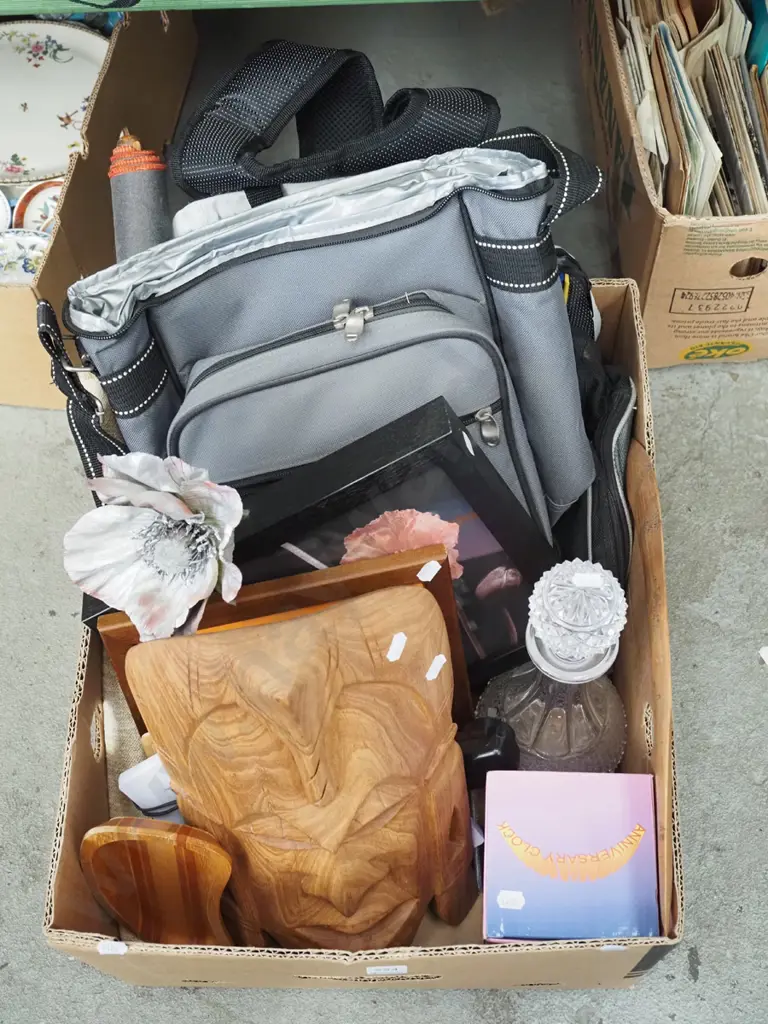 box; wooden mask, decanter, prints etc Image 1++